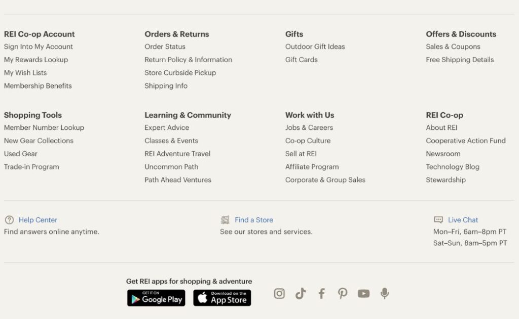 A picture of the pages listed on REI's website, pages every blog needs. 