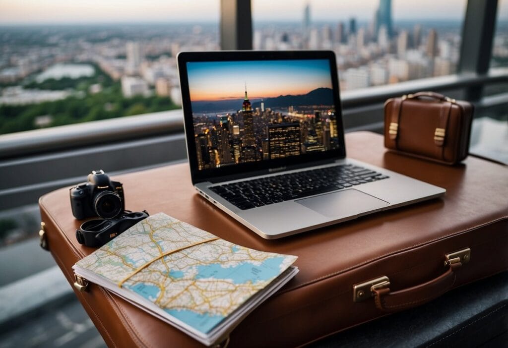 A laptop sitting a top a desk next to a map and a camera with a city skyline in the background. 